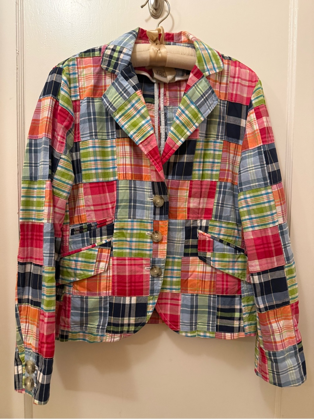 LL Bean Vintage Patchwork Madras Plaid Cotton Blazer EUC